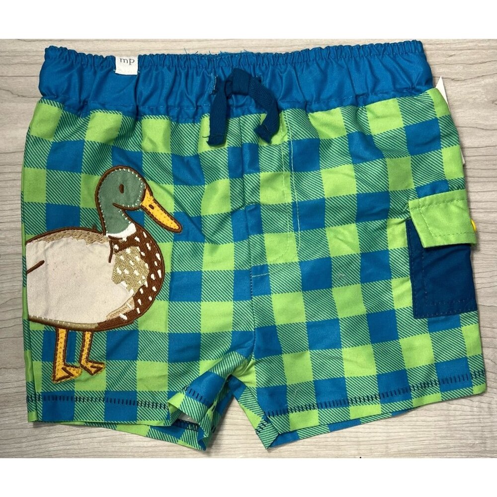 Mud Pie 6-9m NWT green blue gingham check swim trunks bathing suit duck applique